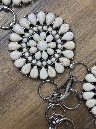 White Stone Circular Medallion Conch Belt Adjustable Western Statement Belt