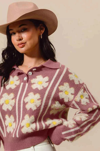 SO ME Floral Stripe Polo Collar Sweater