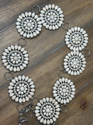 White Stone Circular Medallion Conch Belt Adjustable Western Statement Belt