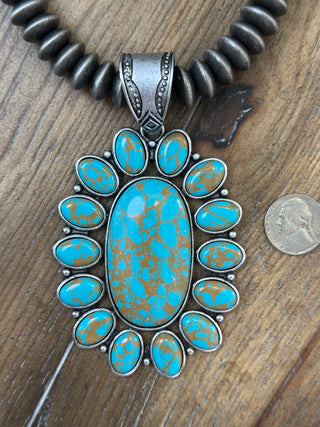 Chunky Turquoise Conch Pendant Necklace | Navajo Disc Pearl | Blue Green Texas