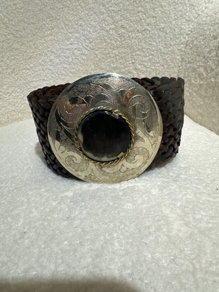 Brown Braided woven silver abalone buckle belt