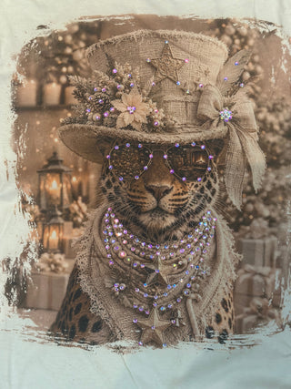 Cheetah in Ivory Top Hat Jeweled Graphic Tee
