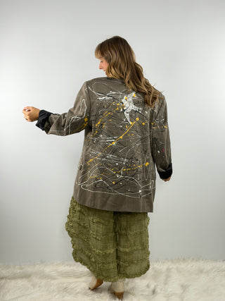 Oops I’m an Artist one‑of‑a‑kind women’s blazer with hand‑painted splatter and floral lapel by Rare Bird