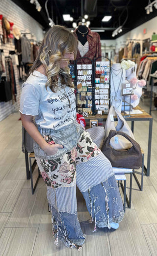 Vintage inspired patchwork chambray wide leg pants with tiered panels, rose prints, stripes and crochet detailing a quilted boho design. 