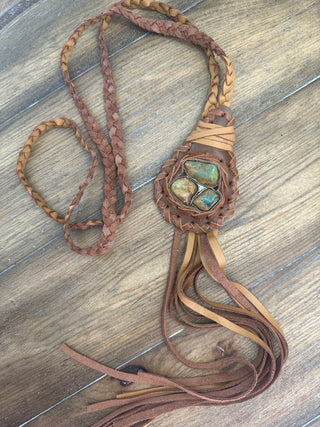 Rare Bird Triple Turquoise Amulet Braided Leather Necklace