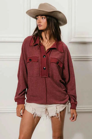 BiBi Cp French Terry Cut Edge Detail Collared Top