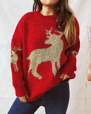 Red Christmas Sweater, crewneck with gold thread jacquard reindeer pattern