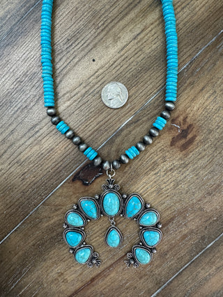 Turquoise Beaded Squash Blossom Necklace with Navajo Pearls