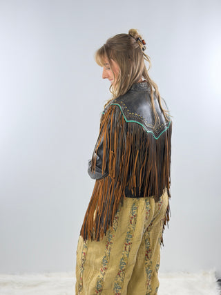 Scully Lambskin Leather Fringe Jacket with Turquoise Trim