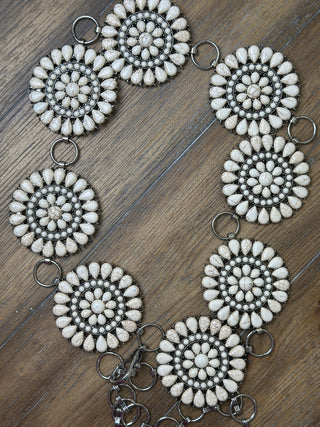 White Stone Circular Medallion Conch Belt Adjustable Western Statement Belt