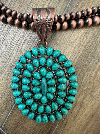 Turquoise Triple Ring Stone Cluster Pendant Necklace with Navajo Pearls