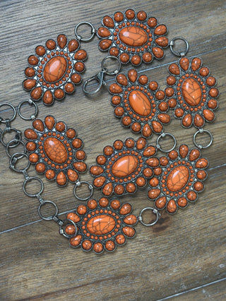 Coral Jasper Conch Belt with Oval Center Stone and Teardrop Surround