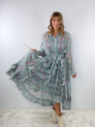 Whispering Blooms Artisanal Cotton Duster in Sky by Jaded Gypsy