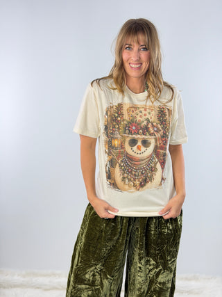 Snowman in Red and Green Top Hat Jeweled Graphic Tee