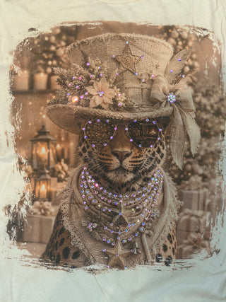 Cheetah in Ivory Top Hat Jeweled Graphic Tee