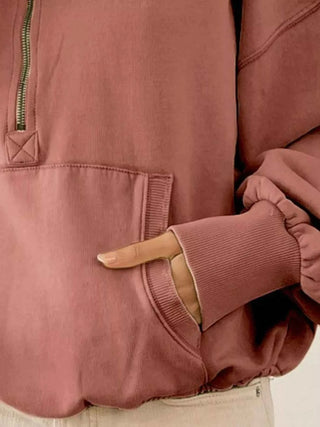 BiBi Stitch Detailed Elastic Hem Half Zip Fleece Hoodie