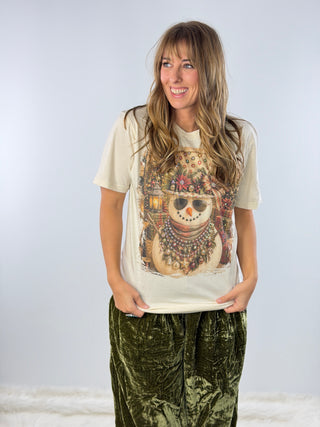 Snowman in Red and Green Top Hat Jeweled Graphic Tee