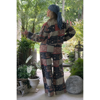 Jaded Gypsy Stars and Stripes Forever pants with vintage American flag patchwork, relaxed boho fit, and wide-leg silhouette