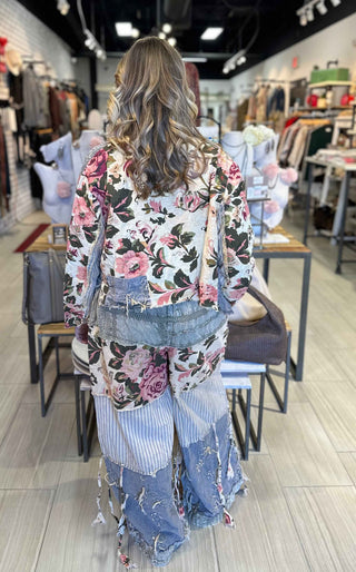 Vintage inspired patchwork chambray wide leg pants with tiered panels, rose prints, stripes and crochet detailing a quilted boho design. 