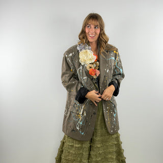 Oops I’m an Artist one‑of‑a‑kind women’s blazer with hand‑painted splatter and floral lapel by Rare Bird