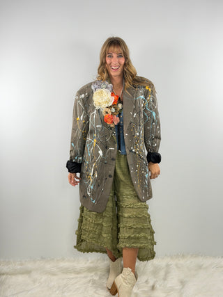 Oops I’m an Artist one‑of‑a‑kind women’s blazer with hand‑painted splatter and floral lapel by Rare Bird