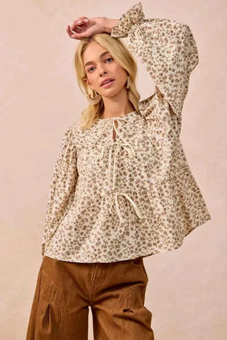 BiBi Floral Printed Peplum Blouse with Shirring and Tied