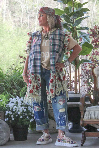 Jaded Gypsy Rustic Roots Patchwork Boho Fringe Top - Plaid & Floral Artisan Shirt