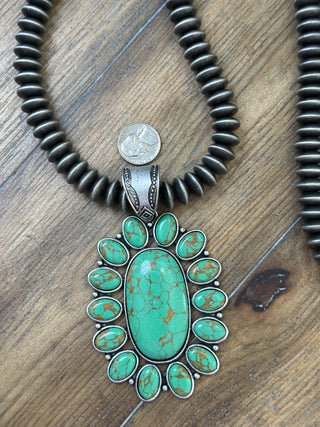 Chunky Turquoise Conch Pendant Necklace | Navajo Disc Pearl | Blue Green Texas