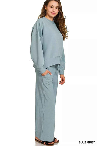 Zenana Ribbed Round Neck Pullover and Drawstring Pants Set