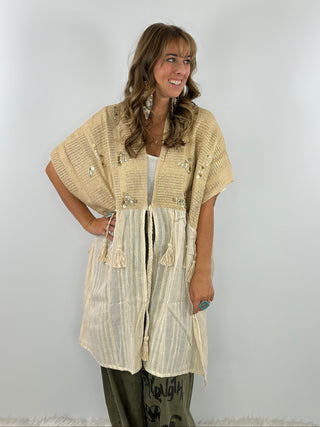 Boho Crochet Contrast Sequin Tassel Midi Kimono Fit Cardigan - Natural