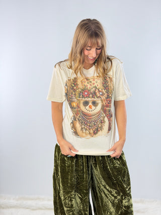 Snowman in Red and Green Top Hat Jeweled Graphic Tee