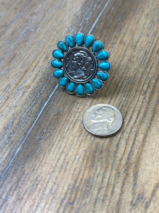 Turquoise Liberty Coin Ring with Teardrop Stone Surround Adjustable Silver