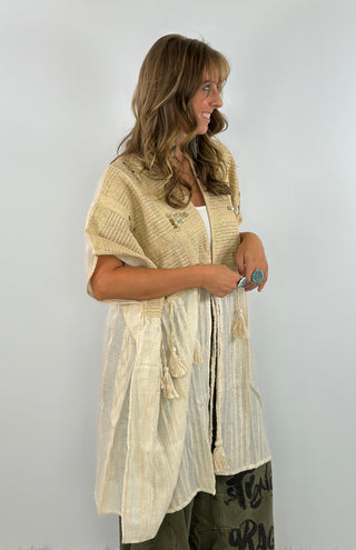 Boho Crochet Contrast Sequin Tassel Midi Kimono Fit Cardigan - Natural