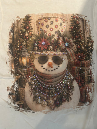 Snowman in Red and Green Top Hat Jeweled Graphic Tee