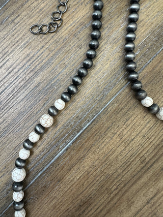 Off-White Turquoise Beaded Squash Blossom Necklace with Navajo Pearls