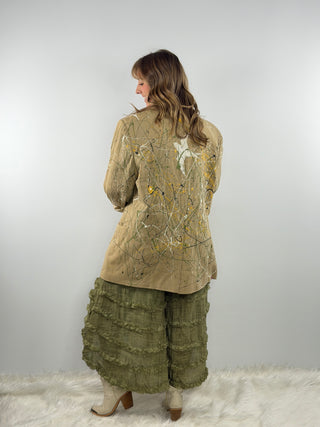 Oops I’m an Artist one‑of‑a‑kind women’s blazer with hand‑painted splatter and floral lapel by Rare Bird