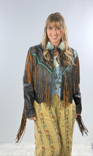 Scully Lambskin Leather Fringe Jacket with Turquoise Trim