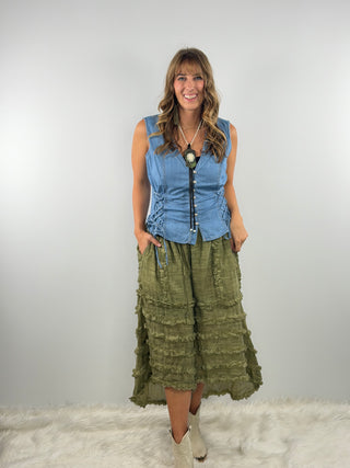 Scully Denim Vest in Blue | Western Button Front Layering Vest