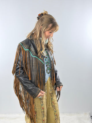 Scully Lambskin Leather Fringe Jacket with Turquoise Trim