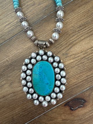 Rare Bird Turquoise and Pearl Statement Leather Necklace