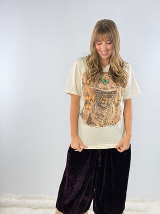 Cheetah in Ivory Top Hat Jeweled Graphic Tee