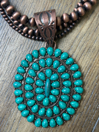 Turquoise Triple Ring Stone Cluster Pendant Necklace with Navajo Pearls
