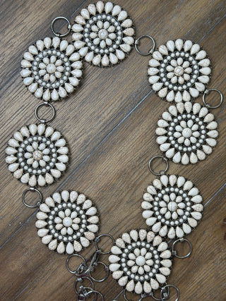 White Stone Circular Medallion Conch Belt Adjustable Western Statement Belt