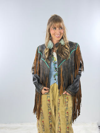 Scully Lambskin Leather Fringe Jacket with Turquoise Trim