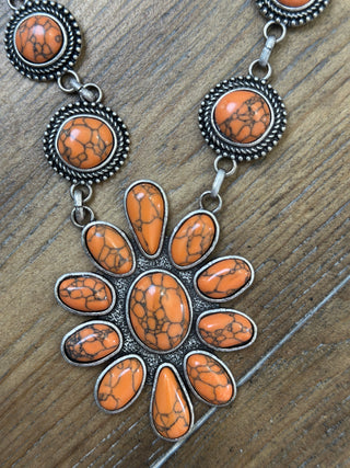 Mixed Metal Squash Blossom Diamond Medallion Necklace | Blue Turquoise Orange Jasper