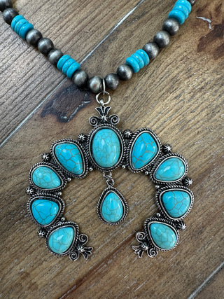 Turquoise Beaded Squash Blossom Necklace with Navajo Pearls