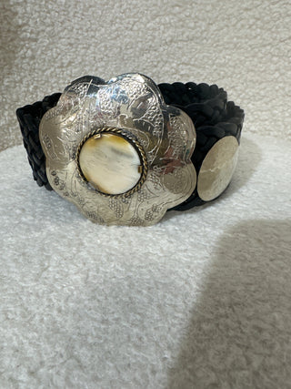 Black Braided woven silver abalone round buckle belt