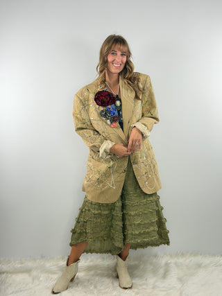 Oops I’m an Artist one‑of‑a‑kind women’s blazer with hand‑painted splatter and floral lapel by Rare Bird