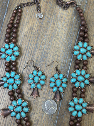 Beaded Squash Blossom Necklace and Earrings Set with Navajo Pearls