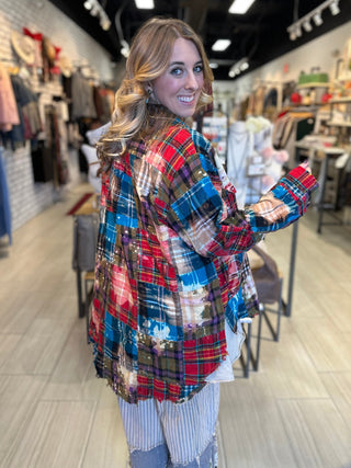 Flannel hand crafted jacket top from blankets with zig zag stitching